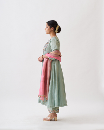 The Green Amethyst Silk Tissue Chanderi Ensemble with Gota Zari Handwork