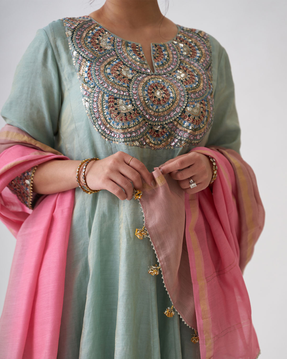 The Green Amethyst Silk Tissue Chanderi Ensemble with Gota Zari Handwork