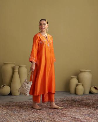 The Narangi Silk Chanderi Set with Handwork