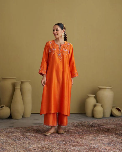 The Narangi Silk Chanderi Set with Handwork