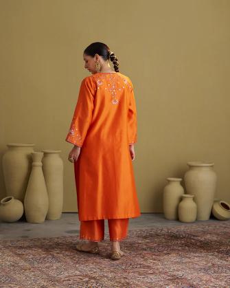 The Narangi Silk Chanderi Set with Handwork