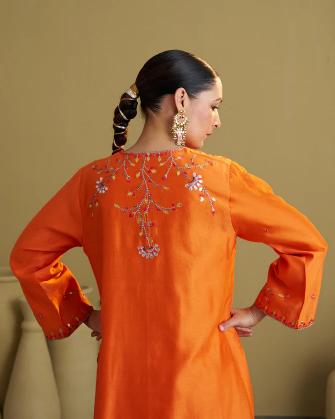 The Narangi Silk Chanderi Set with Handwork