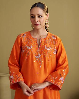 The Narangi Silk Chanderi Set with Handwork