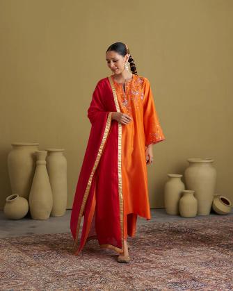 The Narangi Silk Chanderi Set with Handwork