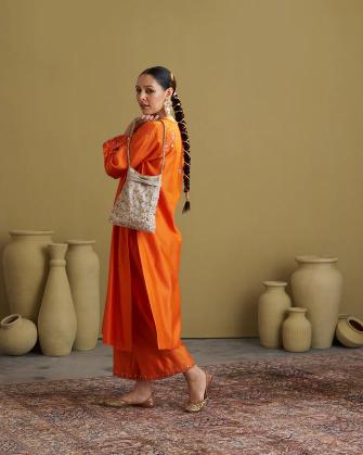 The Narangi Silk Chanderi Set with Handwork