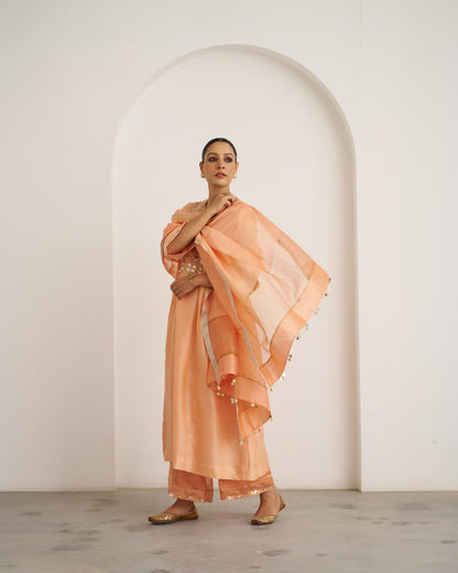 The Peach Sherbet Silk Chanderi Set with Gota Patti Handwork