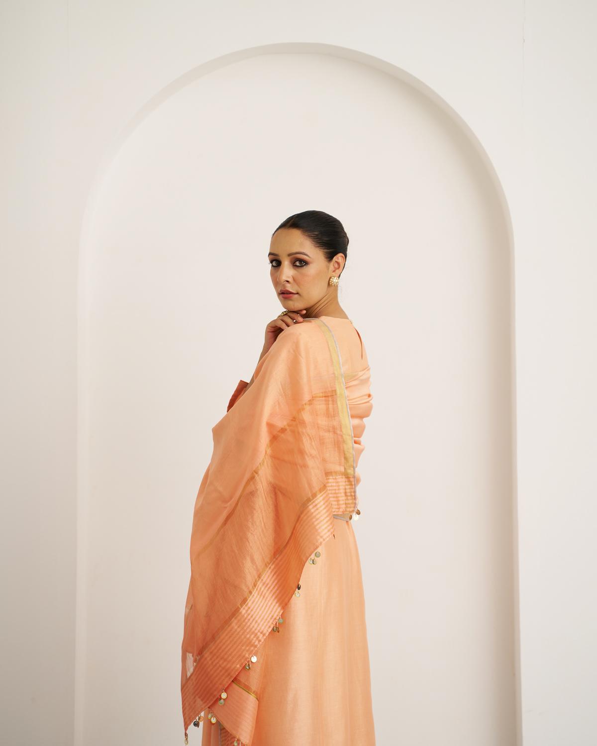 The Peach Sherbet Silk Chanderi Set with Gota Patti Handwork