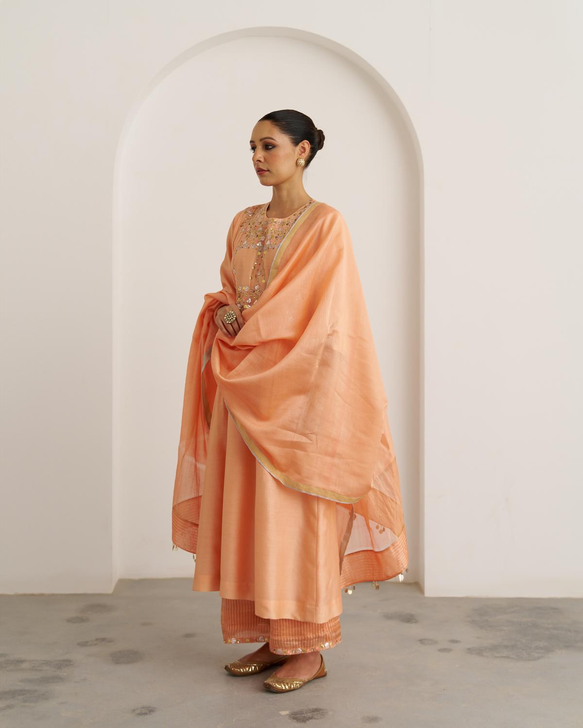 The Peach Sherbet Silk Chanderi Set with Gota Patti Handwork