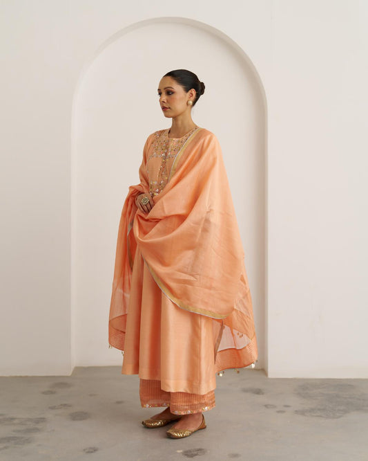 The Peach Sherbet Silk Chanderi Set with Gota Patti Handwork