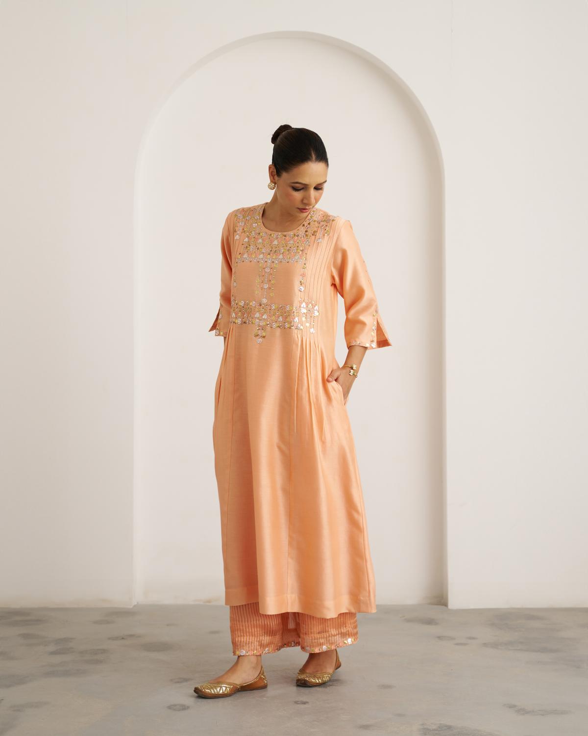 The Peach Sherbet Silk Chanderi Set with Gota Patti Handwork