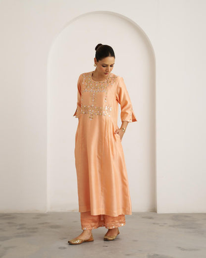 The Peach Sherbet Silk Chanderi Set with Gota Patti Handwork