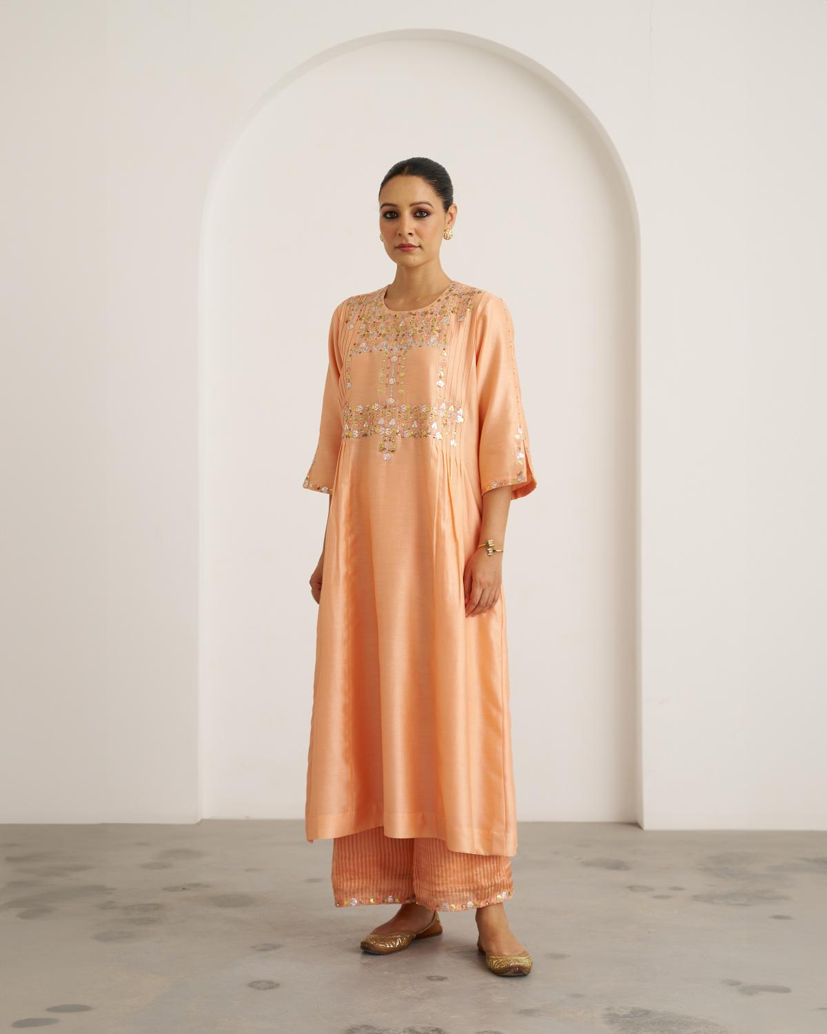 The Peach Sherbet Silk Chanderi Set with Gota Patti Handwork