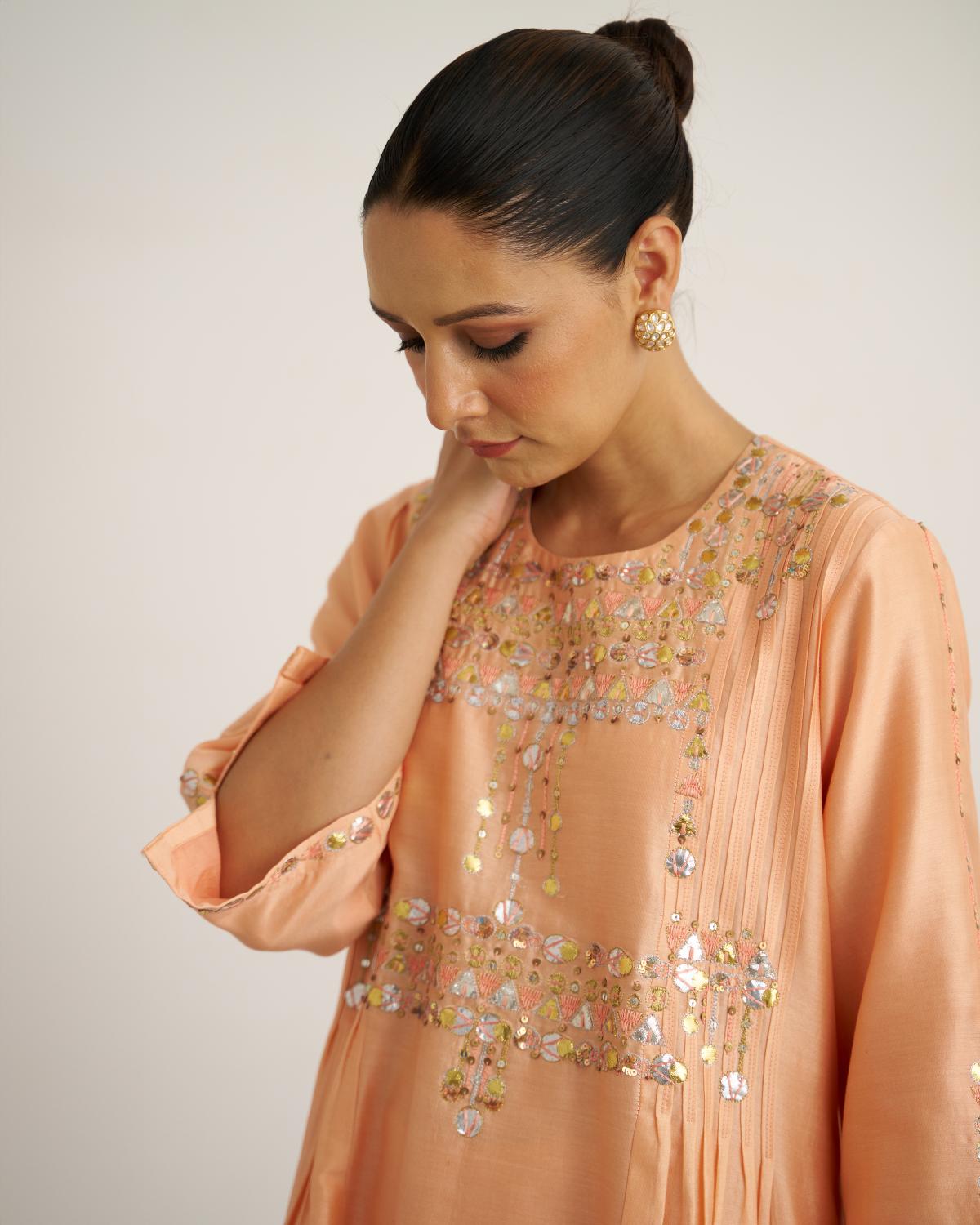 The Peach Sherbet Silk Chanderi Set with Gota Patti Handwork