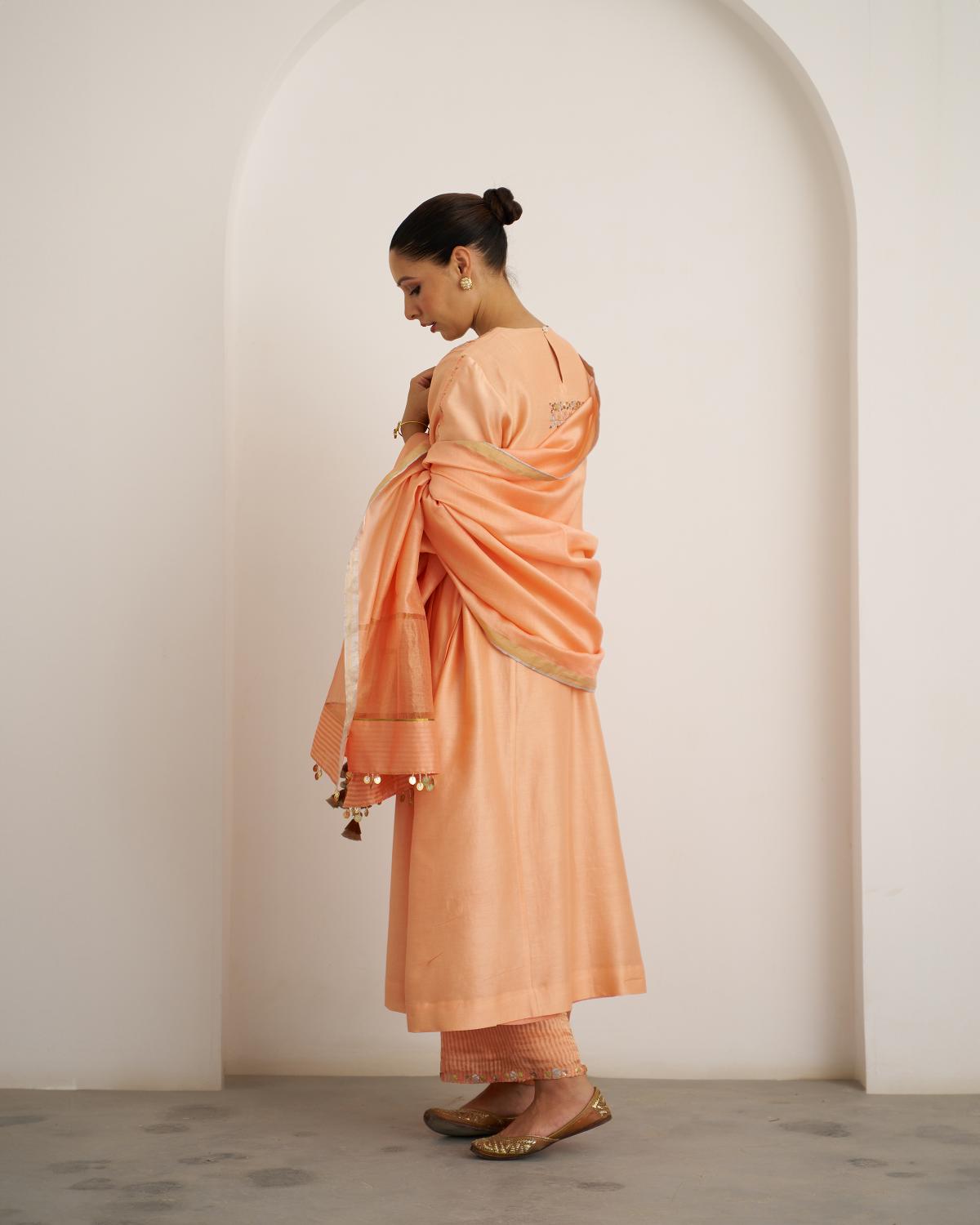 The Peach Sherbet Silk Chanderi Set with Gota Patti Handwork