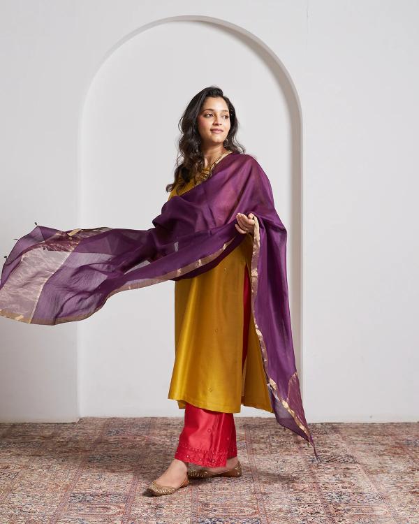 Purple Silk Chanderi Dupatta With Handmade Tassels