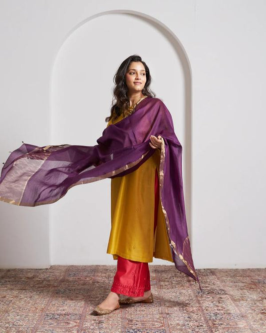 Purple Silk Chanderi Dupatta With Handmade Tassels