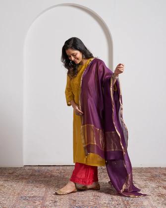 Purple Silk Chanderi Dupatta With Handmade Tassels