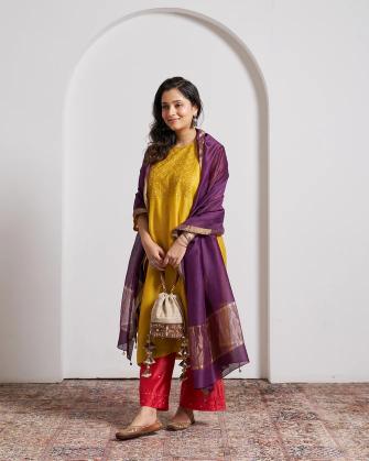 Purple Silk Chanderi Dupatta With Handmade Tassels
