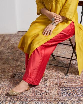 Red Silk Chanderi Pants with Handwork