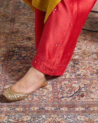 Red Silk Chanderi Pants with Handwork