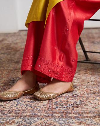 Red Silk Chanderi Pants with Handwork
