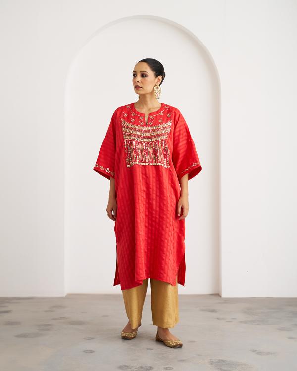 The Jalsa Red & Gold Kaftan Set with Zardozi