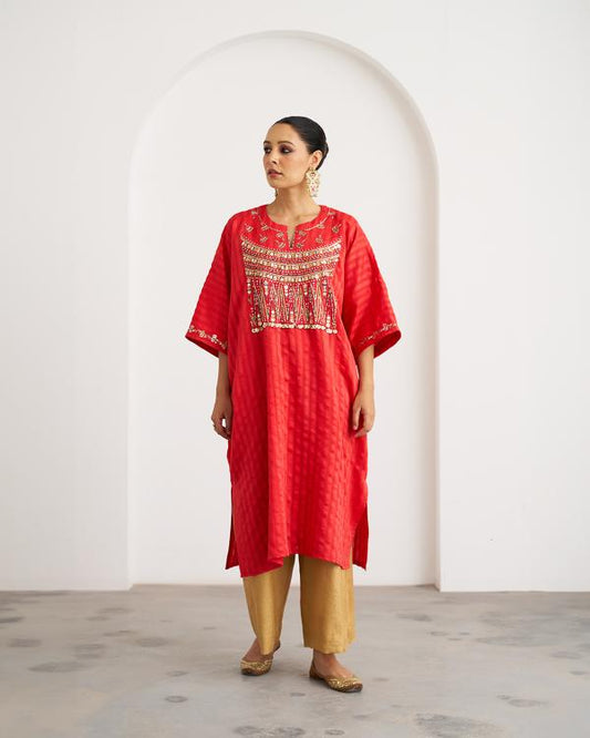 The Jalsa Red & Gold Kaftan Set with Zardozi