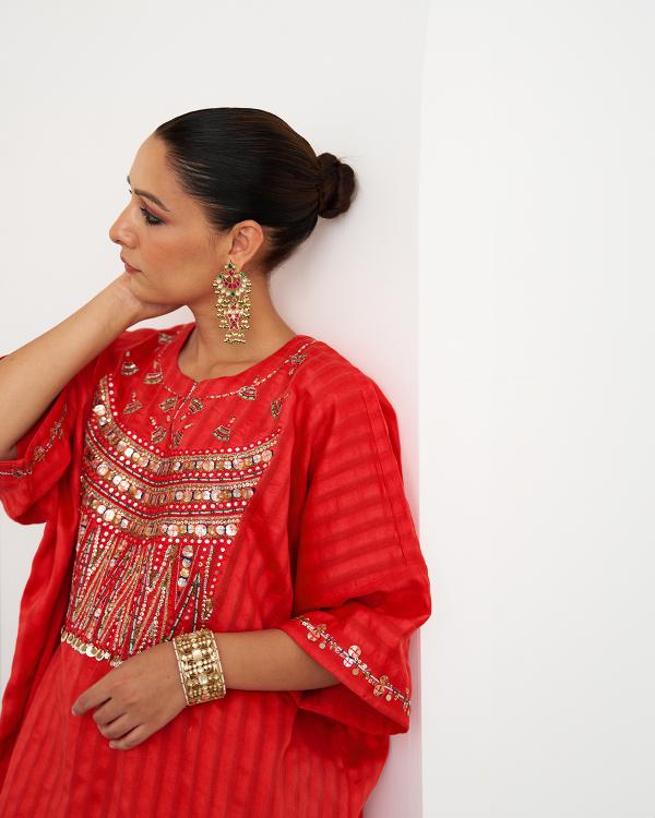 The Jalsa Red & Gold Kaftan Set with Zardozi