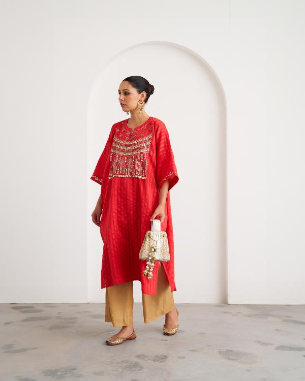 The Jalsa Red & Gold Kaftan Set with Zardozi