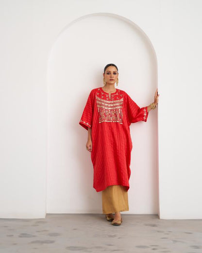The Jalsa Red & Gold Kaftan Set with Zardozi