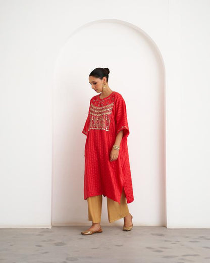 The Jalsa Red & Gold Kaftan Set with Zardozi