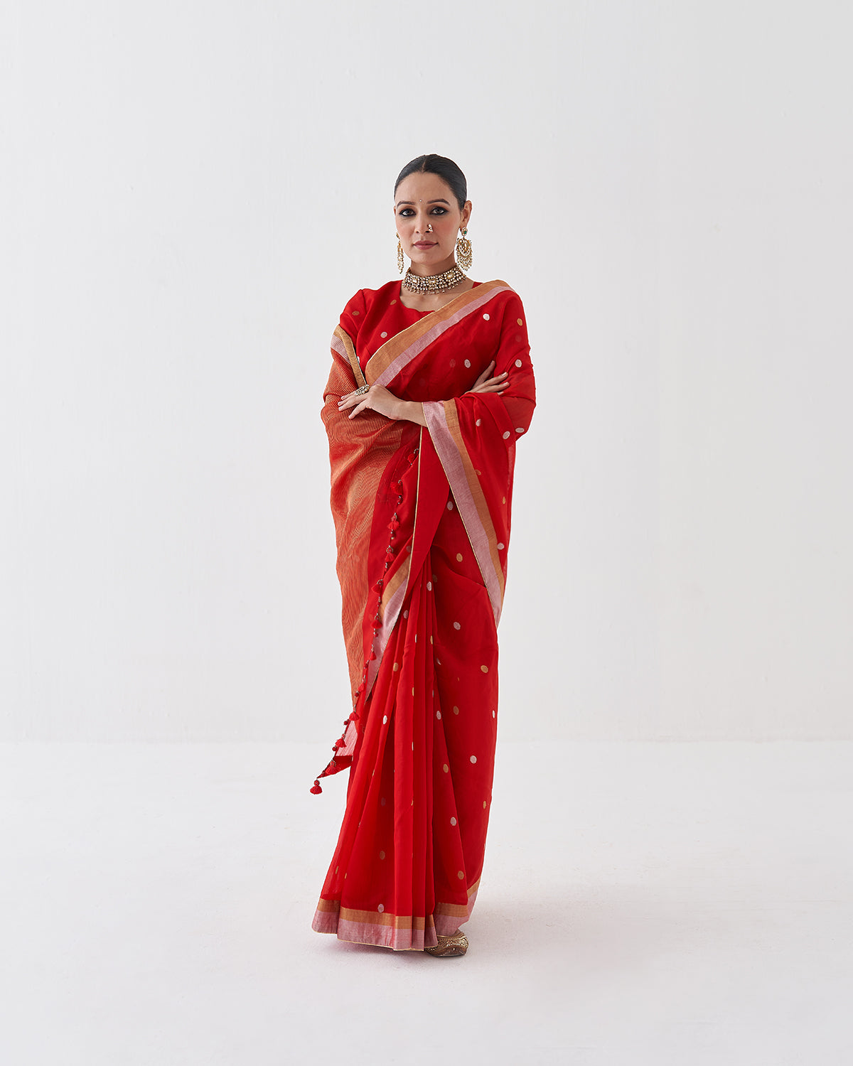 The Sindoori Silk Chanderi Saree & Blouse with Woven Sikka Bootis