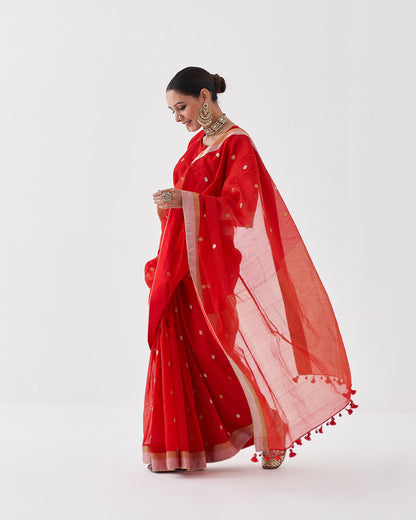 The Sindoori Silk Chanderi Saree & Blouse with Woven Sikka Bootis