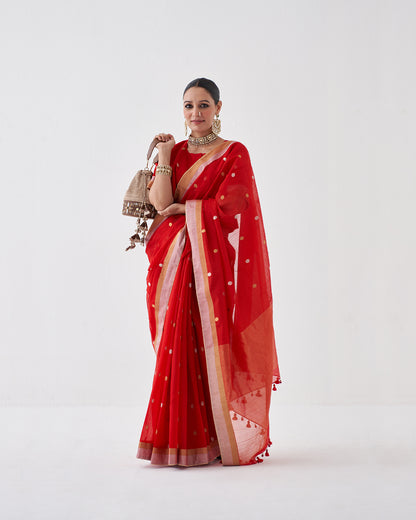 The Sindoori Silk Chanderi Saree & Blouse with Woven Sikka Bootis