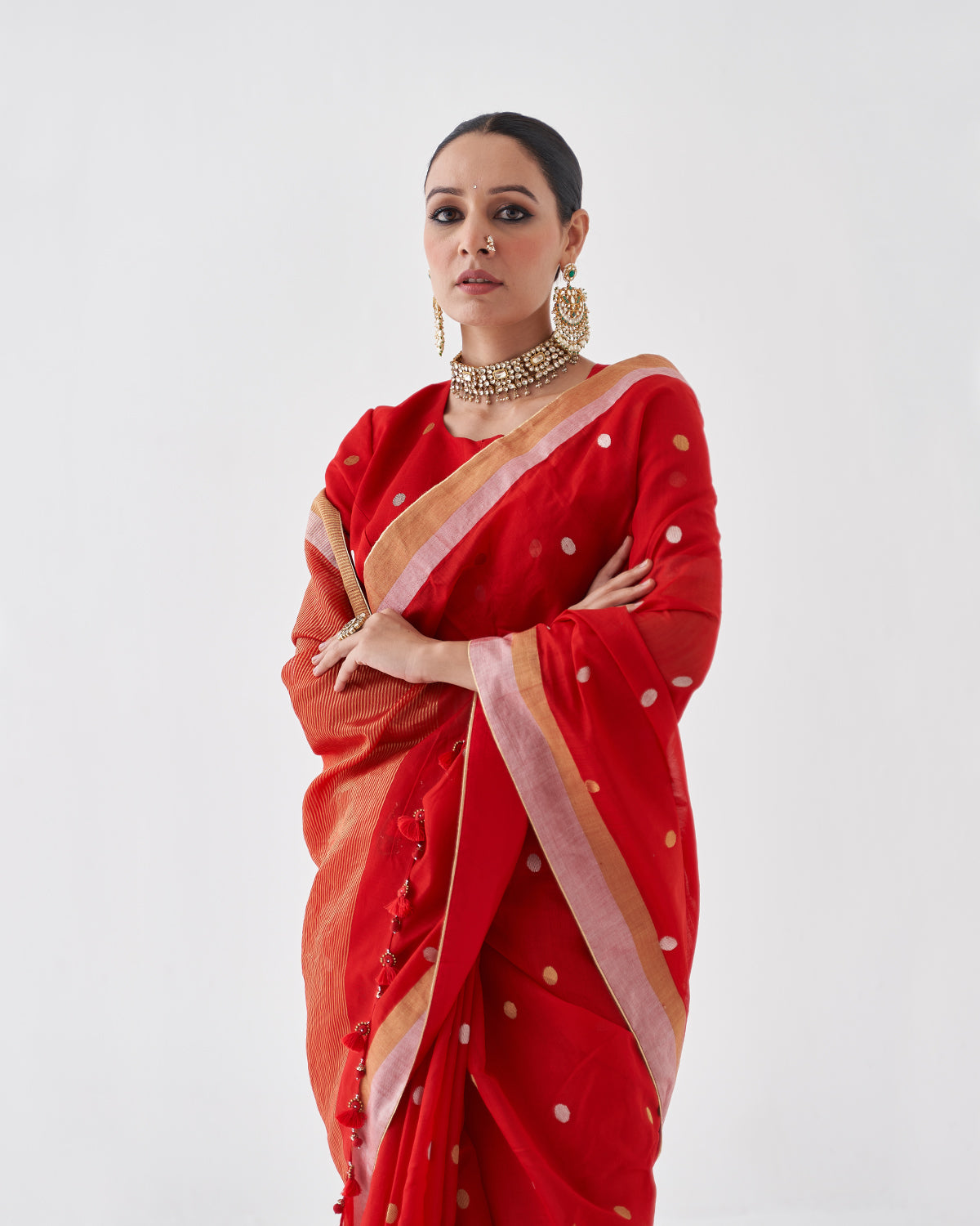 The Sindoori Silk Chanderi Saree & Blouse with Woven Sikka Bootis