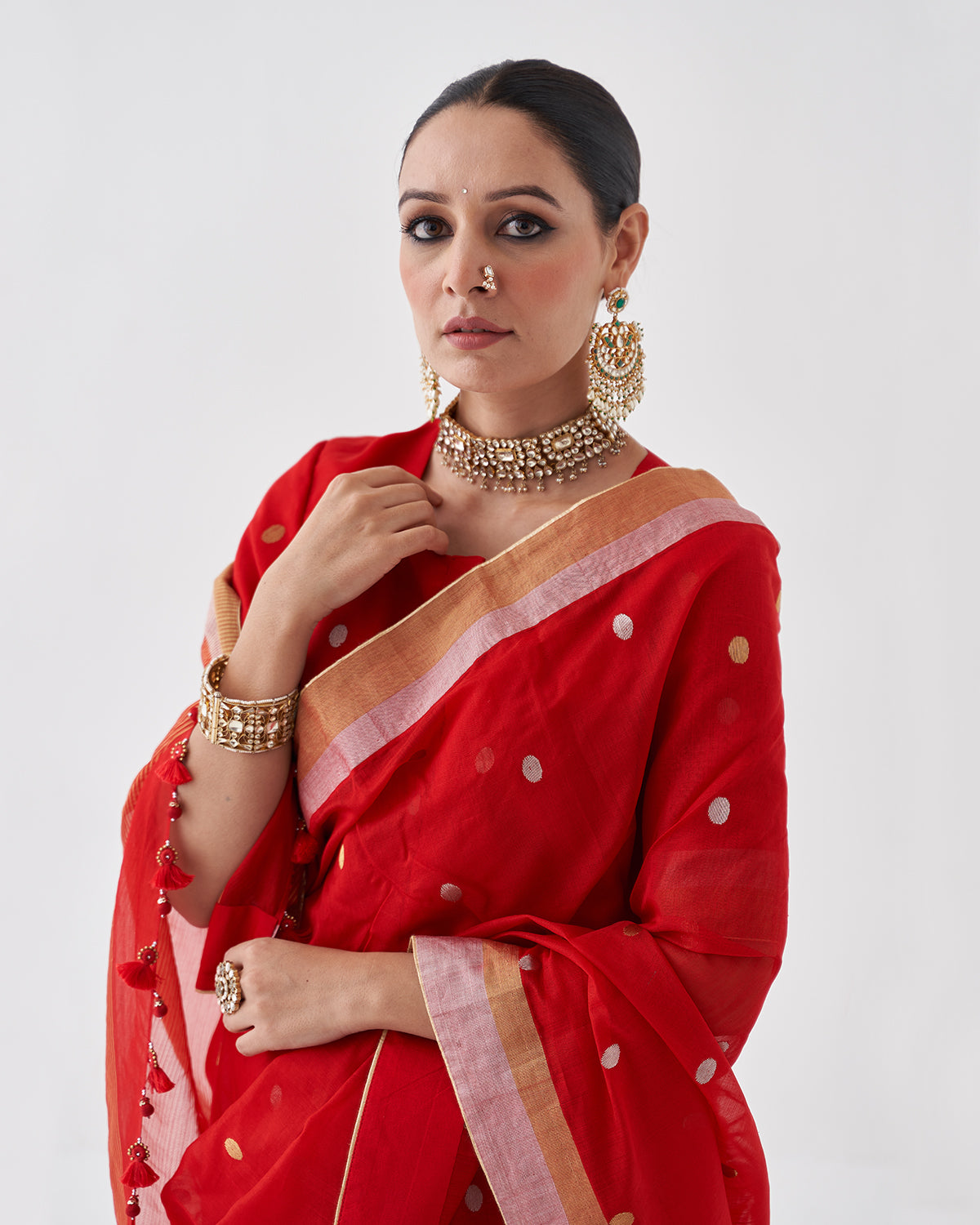 The Sindoori Silk Chanderi Saree & Blouse with Woven Sikka Bootis