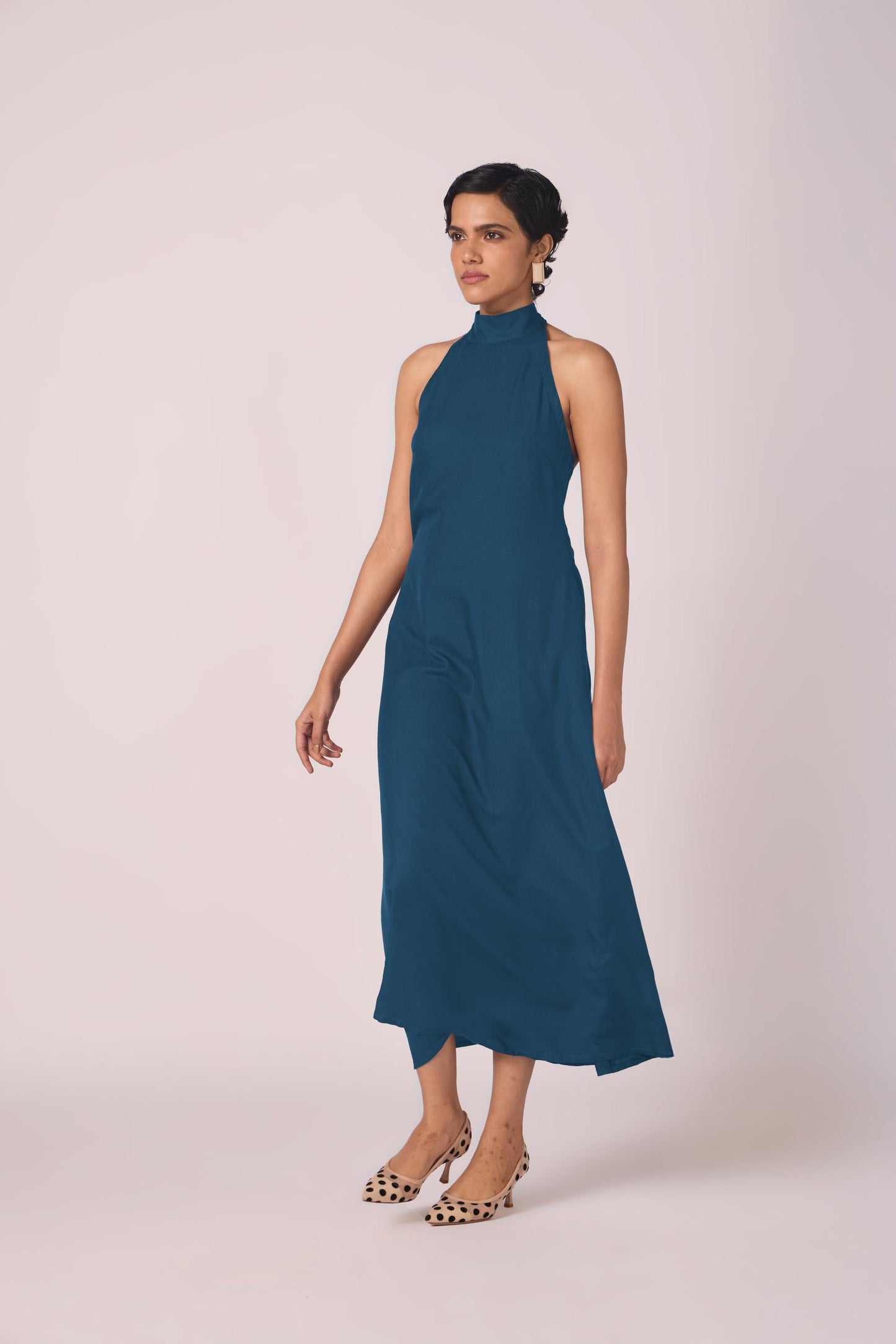 Saros Blue Silk Halter Dress