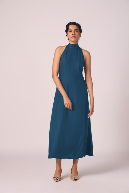 Saros Blue Silk Halter Dress