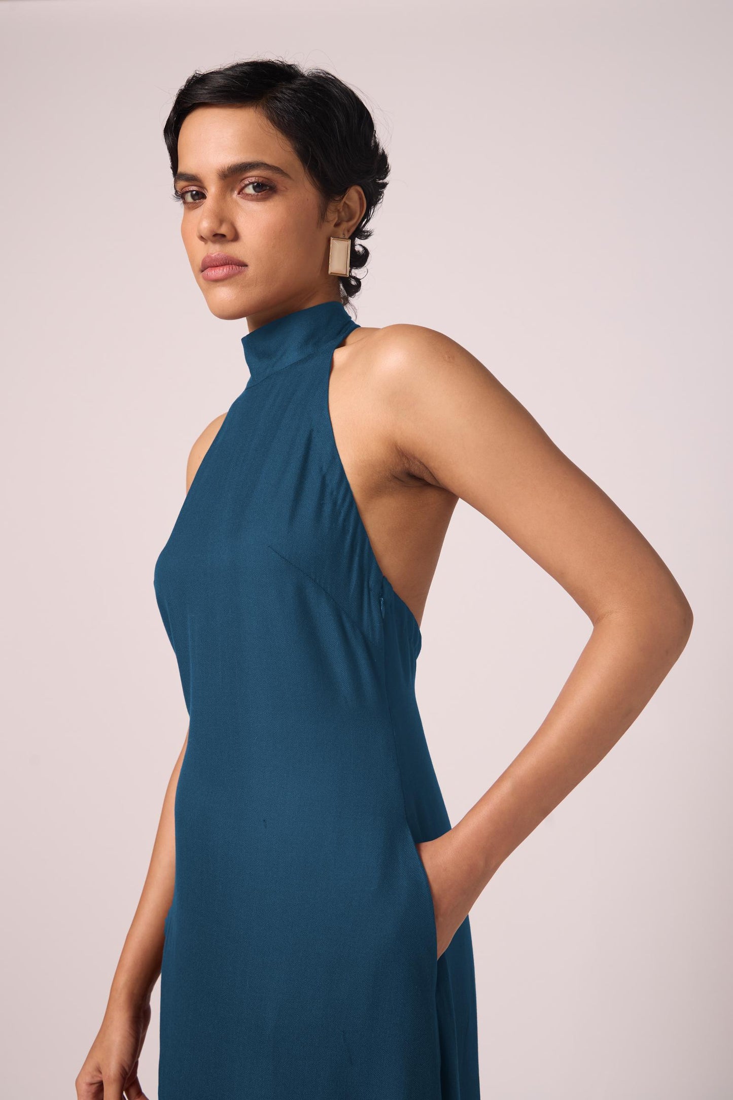 Saros Blue Silk Halter Dress