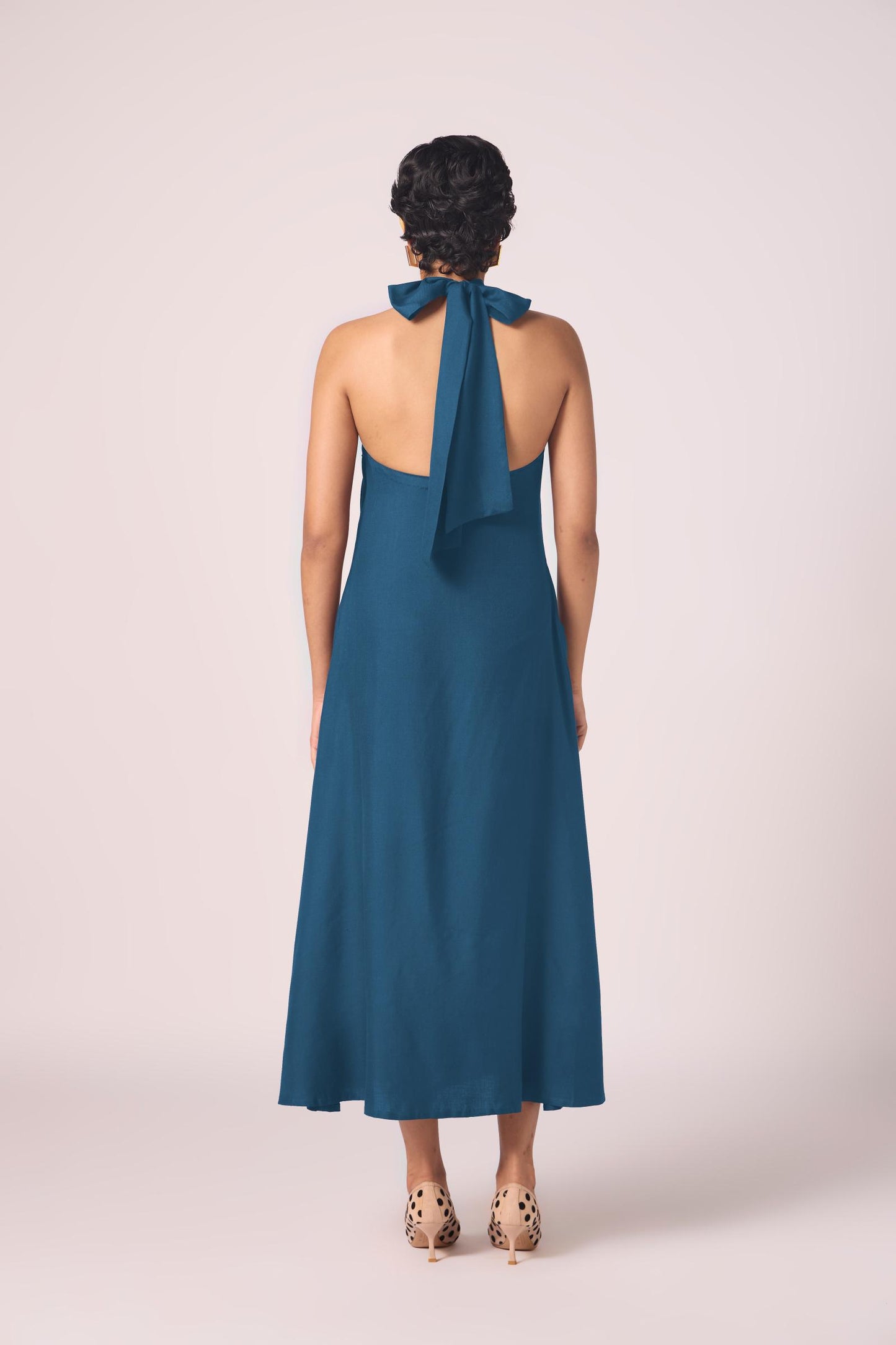 Saros Blue Silk Halter Dress