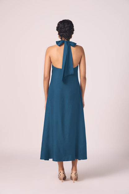 Saros Blue Silk Halter Dress