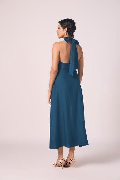Saros Blue Silk Halter Dress
