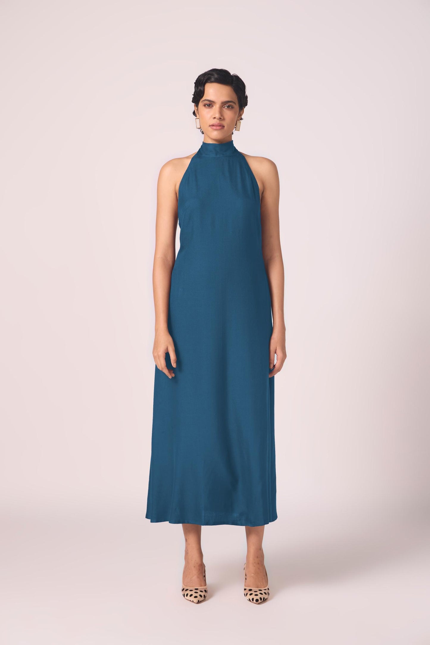 Saros Blue Silk Halter Dress