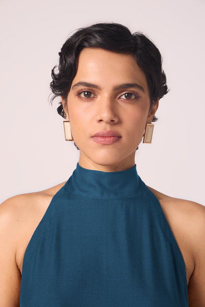 Saros Blue Silk Halter Dress