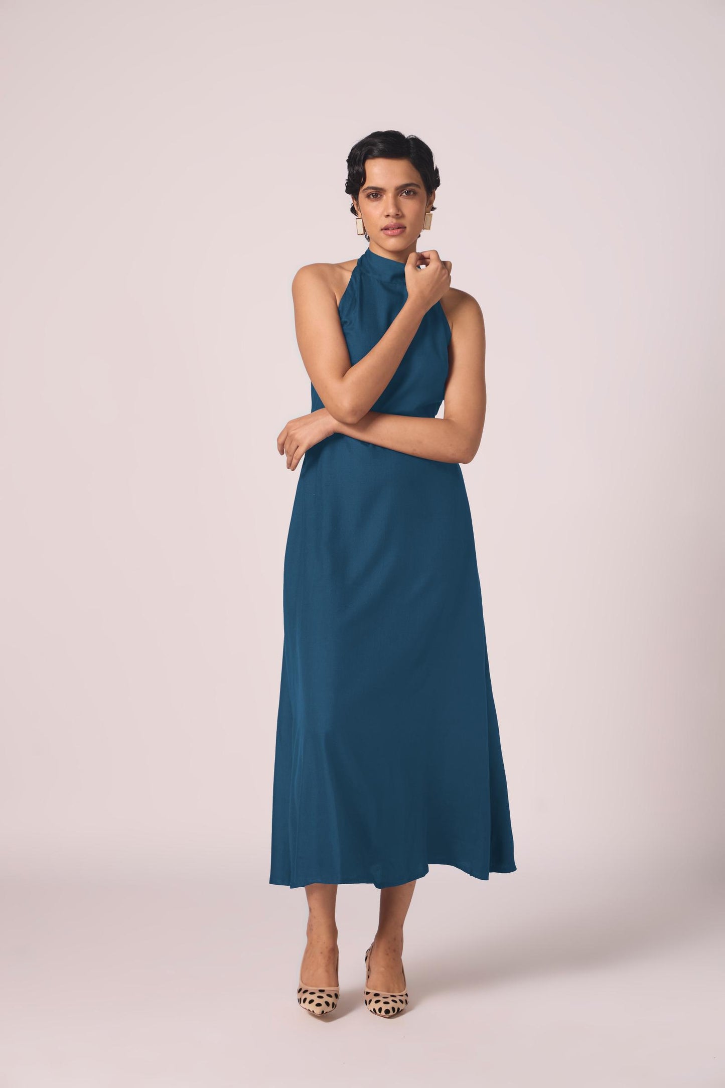 Saros Blue Silk Halter Dress