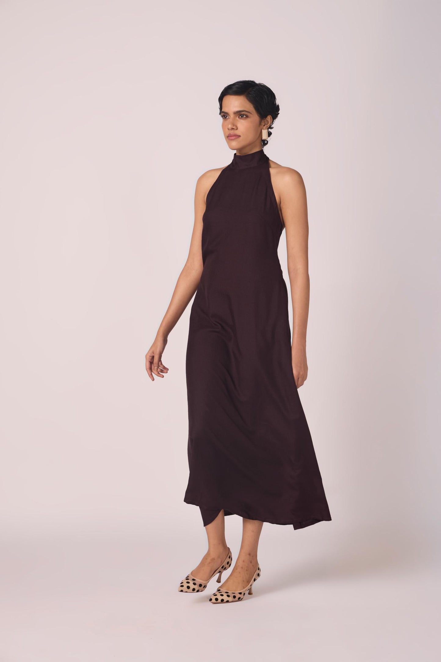 Saros Wine Silk Halter Dress