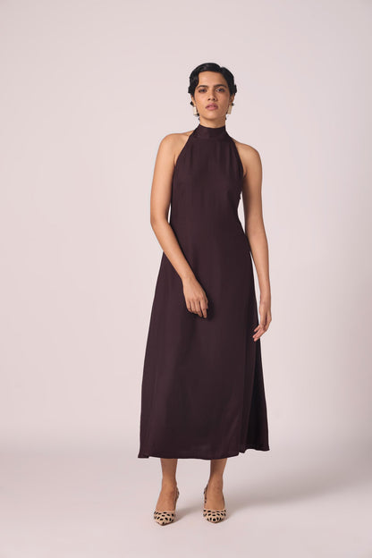 Saros Wine Silk Halter Dress