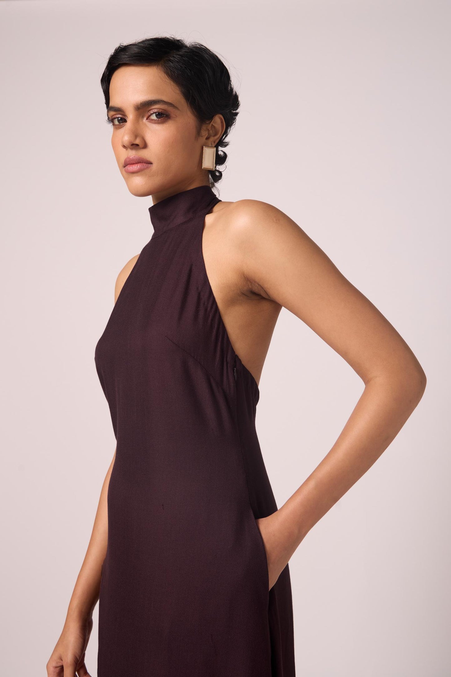 Saros Wine Silk Halter Dress