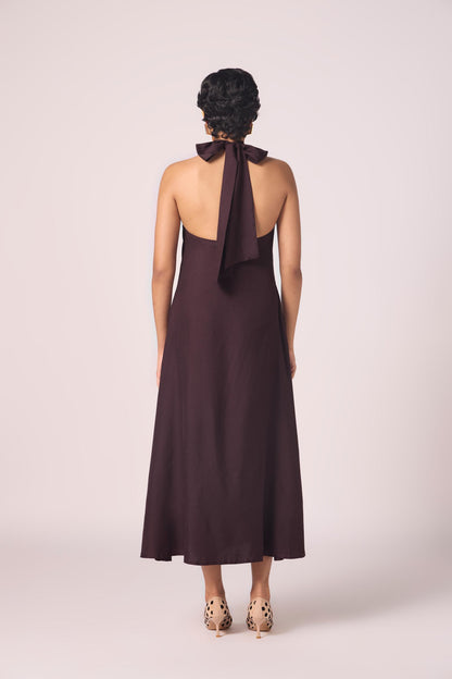 Saros Wine Silk Halter Dress