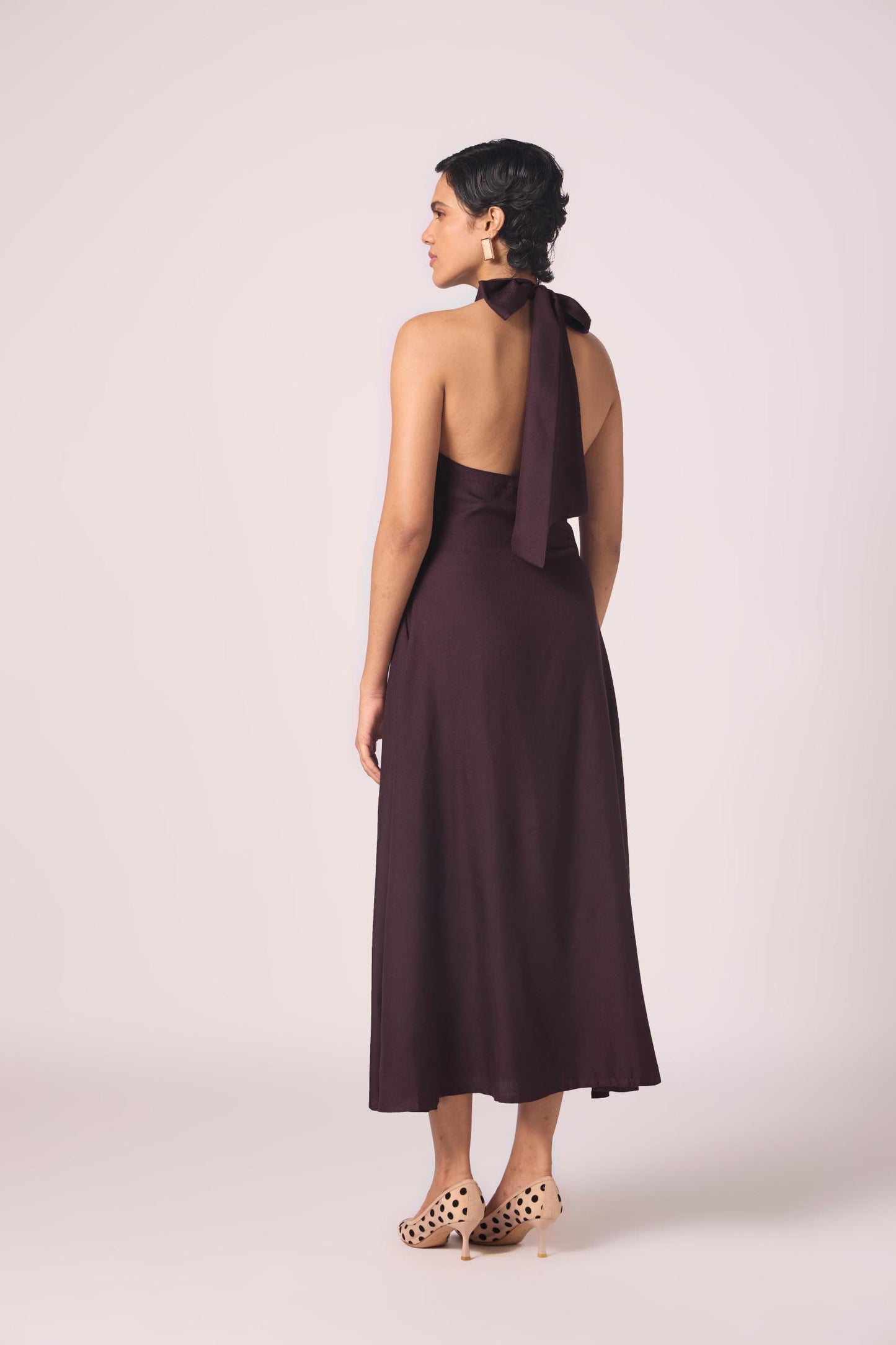 Saros Wine Silk Halter Dress